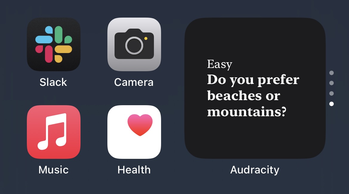 iOS home screen screenshot showing "Do you prefer beaches or mountains?"